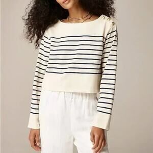 J.Crew Boat Neck Maritime Cotton Ivory Navy Blue Stripe Button Crop Tee Top SZ M